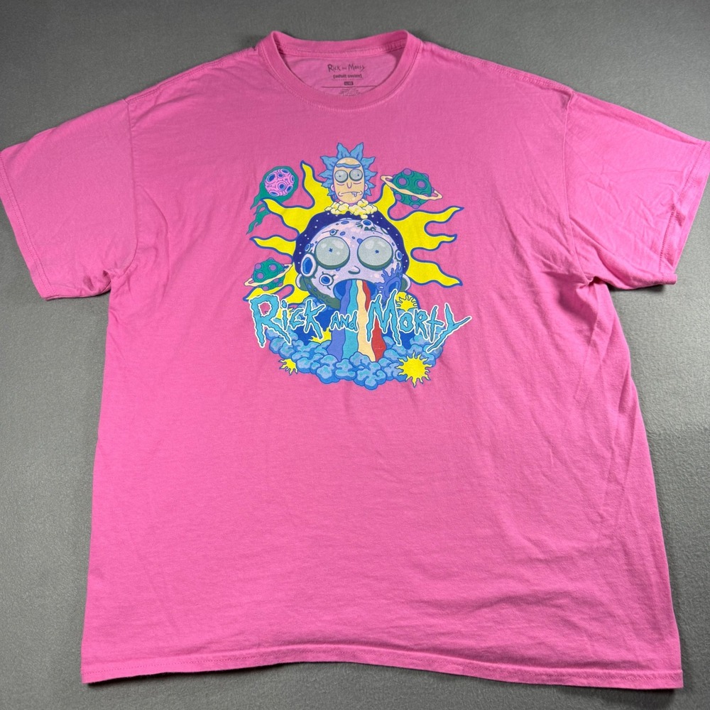 Rick and Morty Adult Swim Mens Large Graphic T-Shirt Pink Psychedelic Space Tee